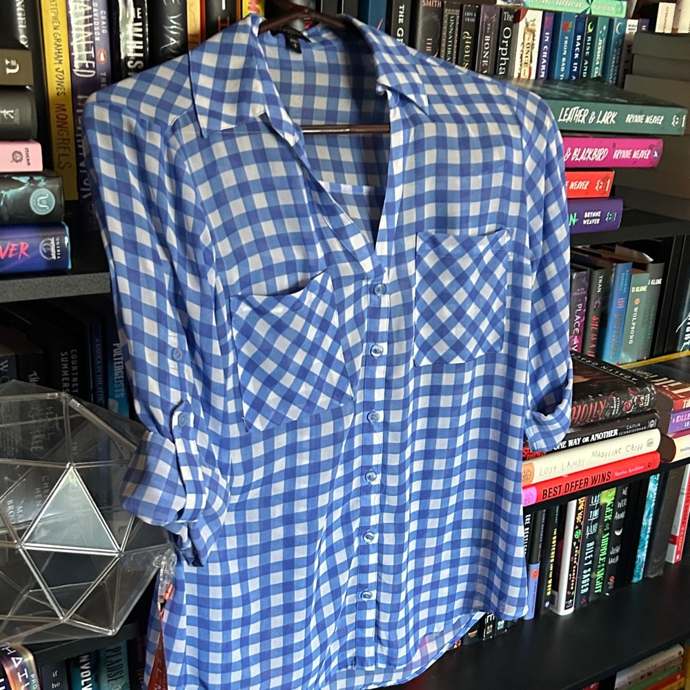 Express Blue and White Gingham Button-Down Shirt